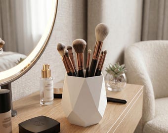 Geometric Makeup Brush Holder | Modern Vanity Organizer Cup, Bioplastic Desk Storage
