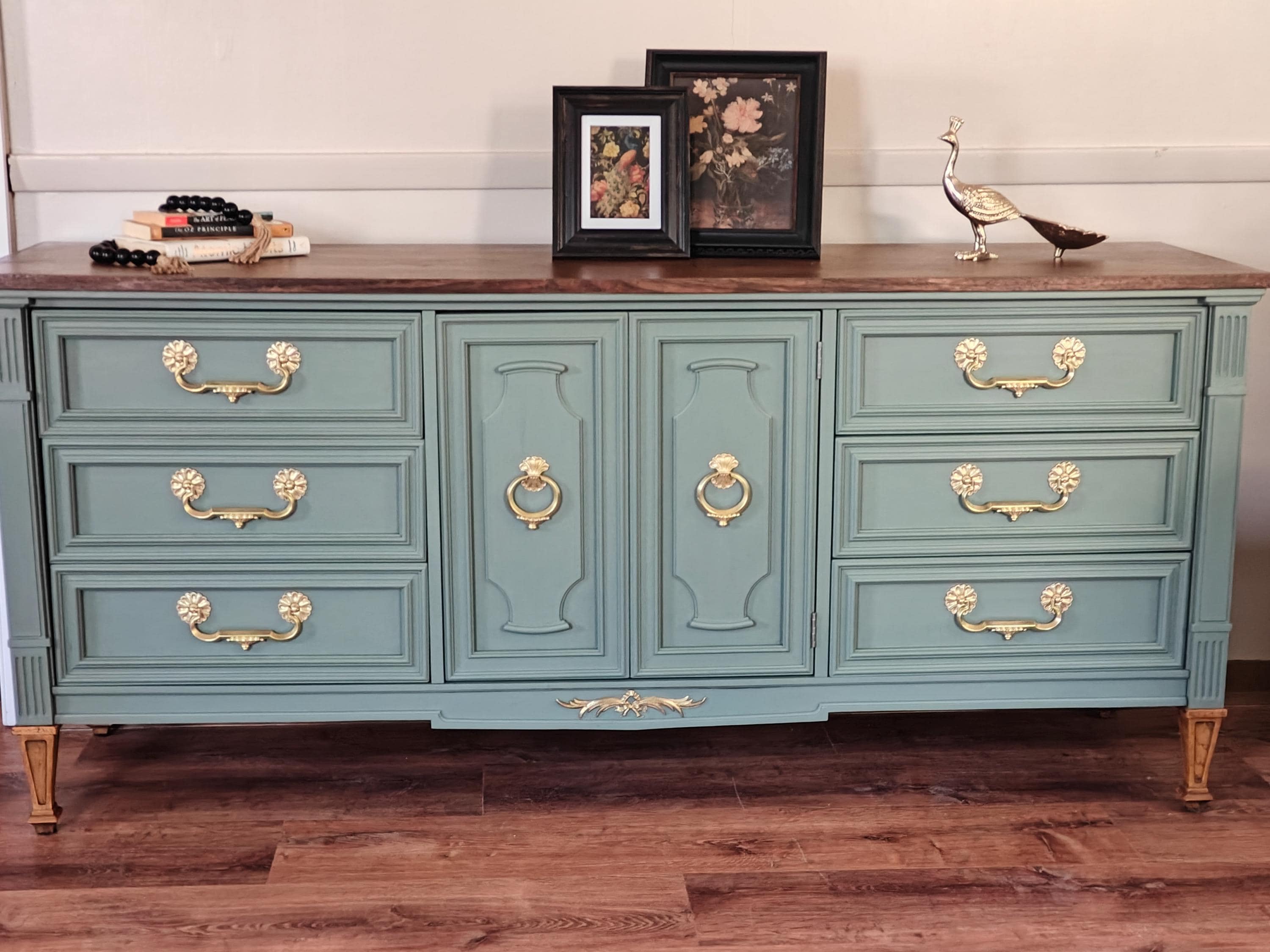 green refurbished dresser Sage Green French Provincial Dresser – VillelasCo Furniture main image 1