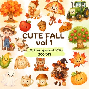 May include: A digital collection of 36 cute fall-themed illustrations including a smiling tree, duck, umbrella, tractor, apple, acorn, pumpkin pie, farmer, cow, corn, sweater, cat, ghost, mug, mushroom, witch, leaf, and pumpkin with the text CUTE FALL vol 1.