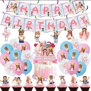 May include: A festive birthday party decoration set featuring a banner that reads "HAPPY BIRTHDAY" in pink letters. The set includes balloons, cake toppers, and cupcake decorations with character designs in pink, blue, and white.