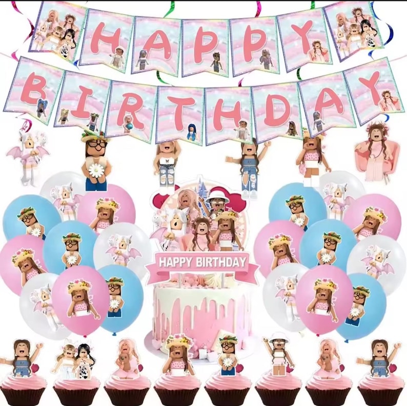 May include: A festive birthday party decoration set featuring a banner that reads "HAPPY BIRTHDAY" in pink letters. The set includes balloons, cake toppers, and cupcake decorations with character designs in pink, blue, and white.