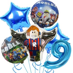 May include: A collection of blue foil balloons, including star-shaped and round balloons with Roblox characters and the number 9. The central balloon features a Roblox character with wings. Ideal for a birthday party.