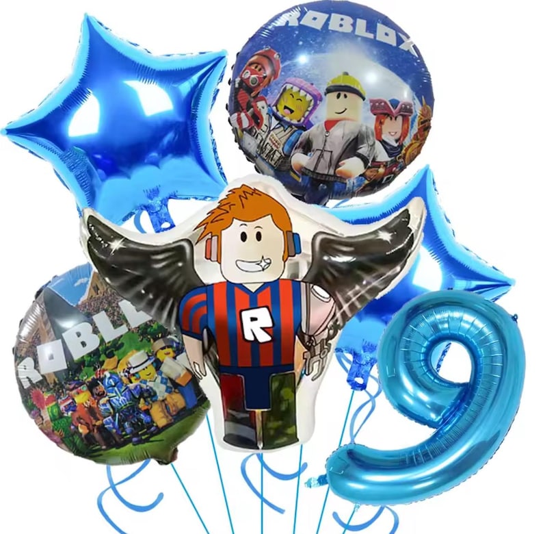 May include: A collection of blue foil balloons, including star-shaped and round balloons with Roblox characters and the number 9. The central balloon features a Roblox character with wings. Ideal for a birthday party.