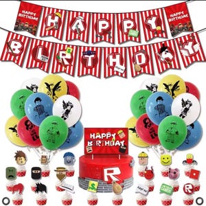 May include: A birthday party decoration set featuring a red cake with a large "R" and "Happy Birthday" banner. Includes balloons in various colors with character designs, cupcakes, and decorative toppers.