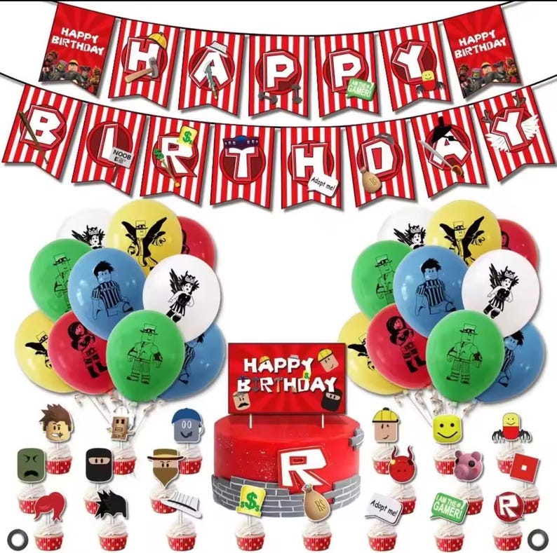 May include: A birthday party decoration set featuring a red cake with a large "R" and "Happy Birthday" banner. Includes balloons in various colors with character designs, cupcakes, and decorative toppers.