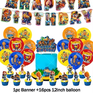 May include: A festive birthday party decoration set featuring a blue cake, balloons, cupcake toppers, and a banner that spells out "HAPPY BIRTHDAY." The balloons are red, yellow, and blue, with cartoon character designs. The cake has a topper with the words "HAPPY BIRTHDAY."
