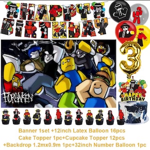 May include: A birthday party decoration set featuring a banner, balloons, cake topper, cupcake toppers, and a backdrop. The banner spells "HAPPY BIRTHDAY" with cartoon characters. Includes a gold number 3 balloon. The backdrop is 47 inches by 35 inches.