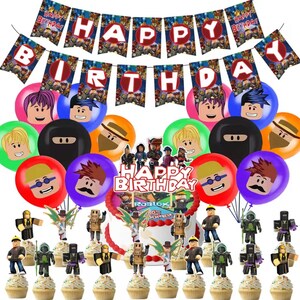 May include: A festive birthday party decoration set featuring a banner that reads "HAPPY BIRTHDAY", balloons with character faces, a cake, cupcakes, and character figurines. The theme is Roblox.
