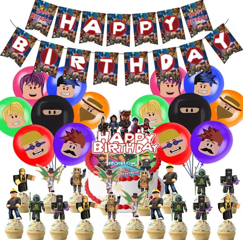 May include: A festive birthday party decoration set featuring a banner that reads "HAPPY BIRTHDAY", balloons with character faces, a cake, cupcakes, and character figurines. The theme is Roblox.