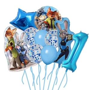 May include: A collection of blue Zootopia-themed balloons, including star and number-shaped balloons. The set features images of Judy Hopps and Nick Wilde, along with other characters, perfect for a birthday celebration.