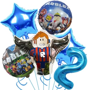 May include: A collection of colorful balloons featuring Roblox characters and logos. Includes a blue star-shaped balloon, a number 2 balloon, and several round balloons with character graphics. Ideal for a birthday party.