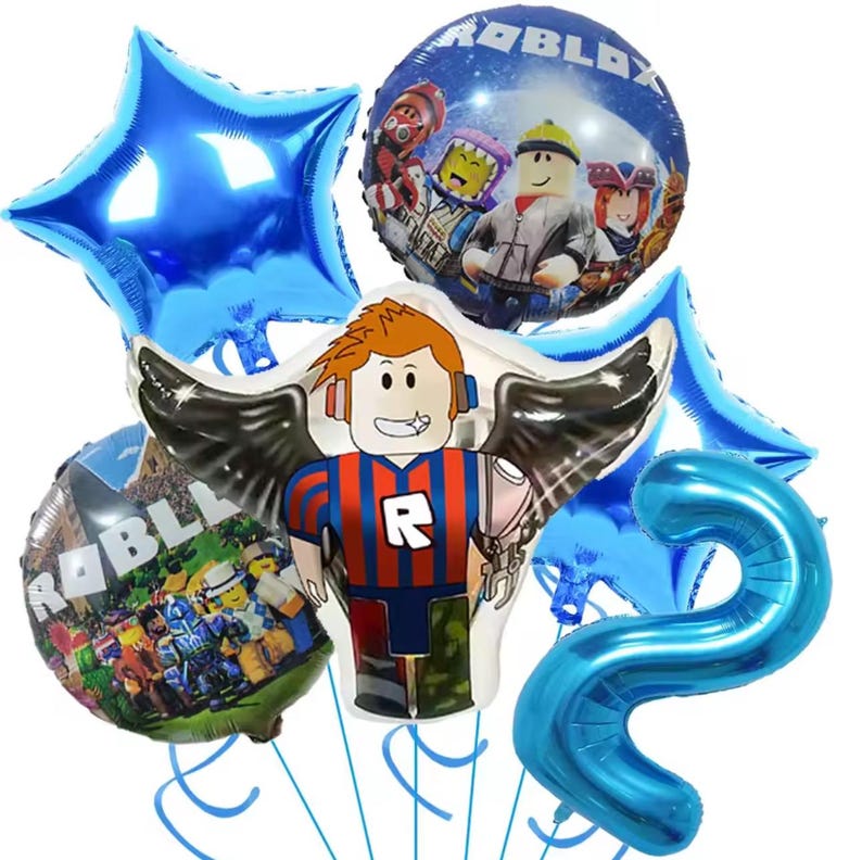 May include: A collection of colorful balloons featuring Roblox characters and logos. Includes a blue star-shaped balloon, a number 2 balloon, and several round balloons with character graphics. Ideal for a birthday party.