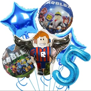 May include: A collection of blue foil balloons, including a star, a number 5, and two round balloons with Roblox characters. One balloon features a Roblox character with wings. Party decorations.