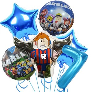 May include: A collection of blue and character-themed balloons. Includes a star-shaped balloon, a number 7 balloon, and several round balloons featuring characters and the word "ROBLOX". The central balloon is a character with wings.