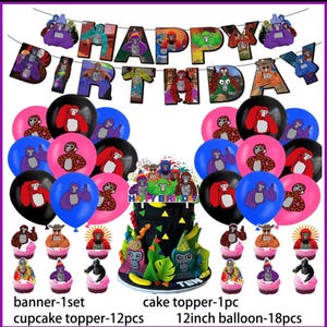 Pode incluir: Um conjunto colorido de decoração de festa de aniversário com uma faixa, balões, topo de bolo e toppers de cupcake. A faixa diz "HAPPY BIRTHAY" com ilustrações de macacos. Os balões têm 30.48 cm de diâmetro. O conjunto inclui 18 balões, 12 toppers de cupcake.