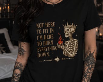 Gothic Skeleton Shirt, Crowned Skull Tee, Dark Academia Goth T-Shirt, Alternative Punk Grunge Gift, Rebel Fire Graphic Tee