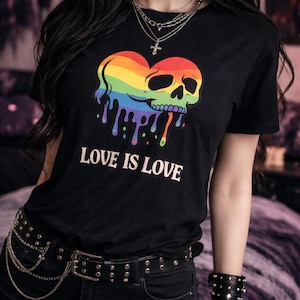 Gothic Pride Skull T-Shirt, Love Is Love Rainbow Drip Heart Goth Tee, LGBT Pride Shirt, Dark Aesthetic Alt Fashion Unisex Gift
