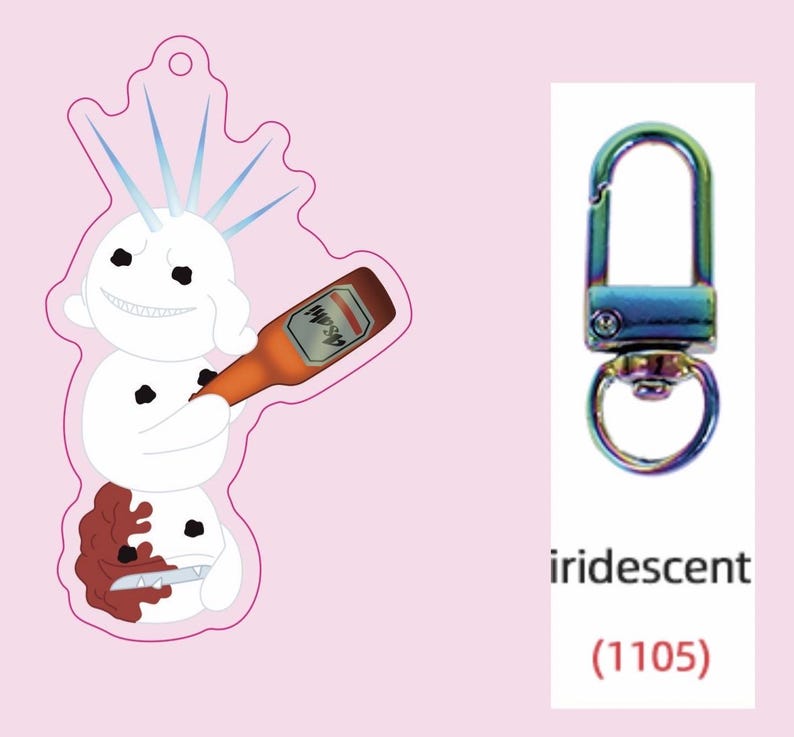 Puede incluir: Un charm de acr&iacute;lico transparente con un mu&ntilde;eco de nieve de dibujos animados sosteniendo una botella de cerveza. El charm tiene un agujero para llavero en la parte superior. Al lado, un cierre de metal iridiscente. La palabra "iridescent" y el n&uacute;mero "(1105)" est&aacute;n impresos debajo.