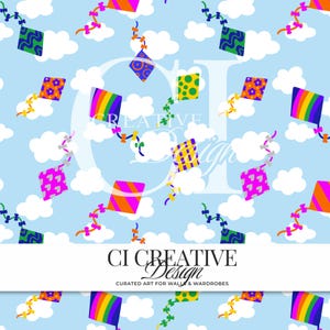 May include: A repeating pattern featuring colourful kites in various designs such as stripes, polka dots, flowers, and hearts, flying against a light blue sky with white clouds. The text CI CREATIVE DESIGN is visible in the centre and bottom.