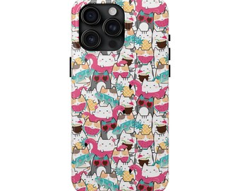 Puede incluir: Una funda para teléfono con un patrón repetitivo de gatos de dibujos animados en diversas actividades veraniegas. Los gatos aparecen con flotadores de flamenco rosa, gafas de sol en forma de corazón, sandía, piñas y bebidas tropicales.
