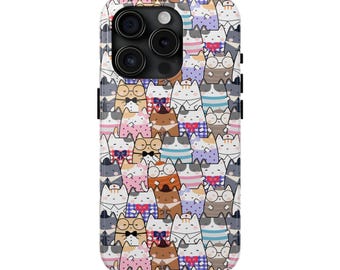 Puede incluir: Una funda para smartphone con un patrón repetitivo de gatos de dibujos animados en varios colores y atuendos. Los gatos están representados con diferentes accesorios, incluyendo gafas, pajaritas y sombreros, dispuestos en una cuadrícula densa.