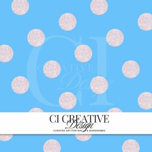 May include: A bright blue background featuring a repeating pattern of light pink glittery polka dots. A white horizontal banner across the bottom displays the black text CI CREATIVE DESIGN and the phrase CURATED ART FOR WALLS & WARDROBES.