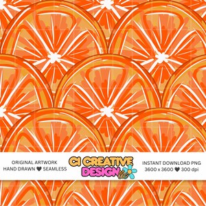 Puede incluir: Un patrón digital sin costuras con rodajas de naranja repetidas en tonos naranja brillante, amarillo y blanco. Una franja horizontal blanca en el centro muestra el texto: ORIGINAL ARTWORK HAND DRAWN SEAMLESS CI CREATIVE DESIGN INSTANT DOWNLOAD PNG 3600 x 3600 300 dpi.
