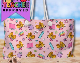 Material escolar rosa para profesores, bolso de playa para la vuelta al cole, bolso de fin de semana, bolso de agradecimiento para profesores.