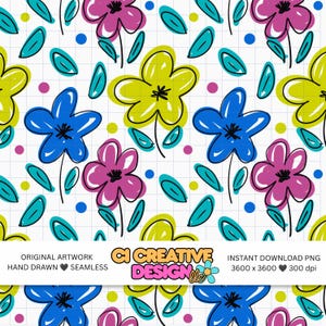 Colorful Retro Floral Seamless Pattern | Bright Mod Flower Digital Paper | Hand Drawn Groovy Bloom Repeat Tile | Floral Fabric & Sublimation