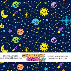 May include: A seamless digital pattern featuring cartoon planets, suns, moons, stars, and constellations on a dark blue grid background. The design includes text reading CI CREATIVE DESIGN, ORIGINAL ARTWORK, HAND DRAWN, and INSTANT DOWNLOAD PNG.