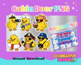 Puede incluir: Una descarga digital con ilustraciones de patos de dibujos animados con varios atuendos, incluyendo un marinero, un pirata y un turista. La imagen incluye el texto "Cabin Door PNG" y "Bonus PNG", junto con una pegatina que dice "I'm here for the towe! animals".
