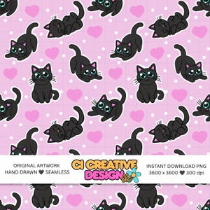 May include: A seamless pattern featuring black cats with large teal eyes on a light pink background with white polka dots and pink hearts. The text reads: ORIGINAL ARTWORK HAND DRAWN SEAMLESS CI CREATIVE DESIGN INSTANT DOWNLOAD PNG 3600 x 3600 300 dpi.