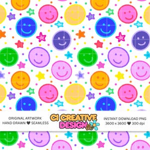 May include: A seamless digital pattern featuring colorful smiley faces in pink, yellow, orange, green, blue, and purple, interspersed with small stars and dots on a white background. Text reads: ORIGINAL ARTWORK HAND DRAWN SEAMLESS CI CREATIVE DESIGN INSTANT DOWNLOAD PNG 3600 x 3600 300 dpi.