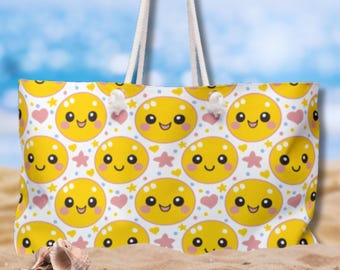 Bolso de playa retro con carita sonriente / Bolso de fin de semana amarillo con carita feliz dibujada a mano / Regalo divertido para ella
