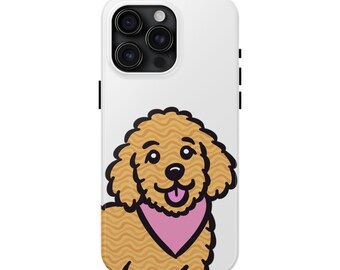 Puede incluir: Una funda de smartphone blanca con una ilustración de dibujos animados de un perro de color marrón dorado con pelo rizado y un pañuelo rosa al cuello. El perro tiene ojos grandes y oscuros, nariz negra y lengua rosa en una expresión amistosa.