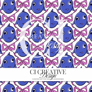 May include: A repeating pattern on a white background featuring blue cartoon fish with large eyes and pink bows. The text CI CREATIVE Design CURATED ART FOR WALLS & WARDROBES is printed in black at the bottom of the image over a white horizontal bar.