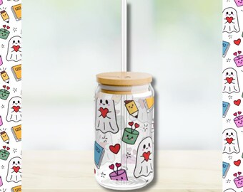 Vaso de vidrio con diseño de fantasma kawaii, vaso de Halloween adorable, tapa de bambú, regalo para amantes de los fantasmas, vasos espeluznantes y adorables, vaso de vidrio con diseño de lata de cerveza.