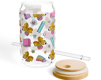 Vaso de vidrio de 473 ml (16 oz) con tapa de bambú y pajita, ideal para agradecer a los profesores.