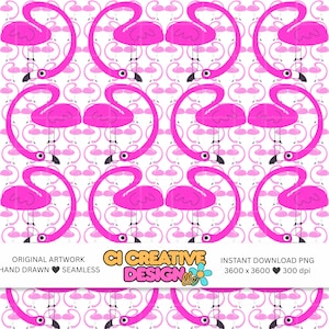 May include: A seamless digital pattern featuring bright pink flamingos with long curved necks on a white background. The text CI CREATIVE DESIGN is centered with a blue flower icon, accompanied by the labels ORIGINAL ARTWORK, HAND DRAWN, SEAMLESS, INSTANT DOWNLOAD PNG, 3600 x 3600, and 300 dpi.