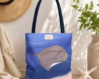 Puede incluir: Un bolso tote azul con una ilustración gráfica de una raya gris nadando en agua azul profundo. El bolso tiene asas de hombro azul marino oscuro y una pequeña etiqueta rectangular cerca de la parte superior con el texto Sand Bag en negro.