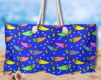 Bolso de playa Kawaii con diseño de peces / Bolso de fin de semana con estampado de peces tropicales dibujados a mano / Regalo oceánico para ella