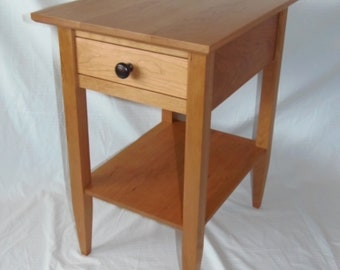 Shaker inspired solid cherry end table with drawer and shelf