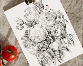 Può includere: Un disegno a matita in bianco e nero di un mazzo di rose con foglie e una farfalla.