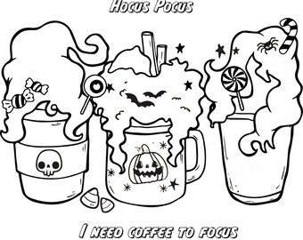 May include: Black and white line art illustration of three coffee mugs with Halloween themes. The mugs are decorated with ghosts, bats, candy, and a pumpkin. The text "Hocus Pocus" and "I need coffee to focus" are included in the image.
