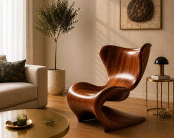 Sculpturale fluïde houten fauteuil, organische moderne fauteuil met lint, hoogglans mahonie zitting.