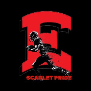 May include: Black and red graphic featuring a football player running with the ball. A large red letter "E" is behind the player. The words "SCARLET PRIDE" are in red at the bottom of the image.