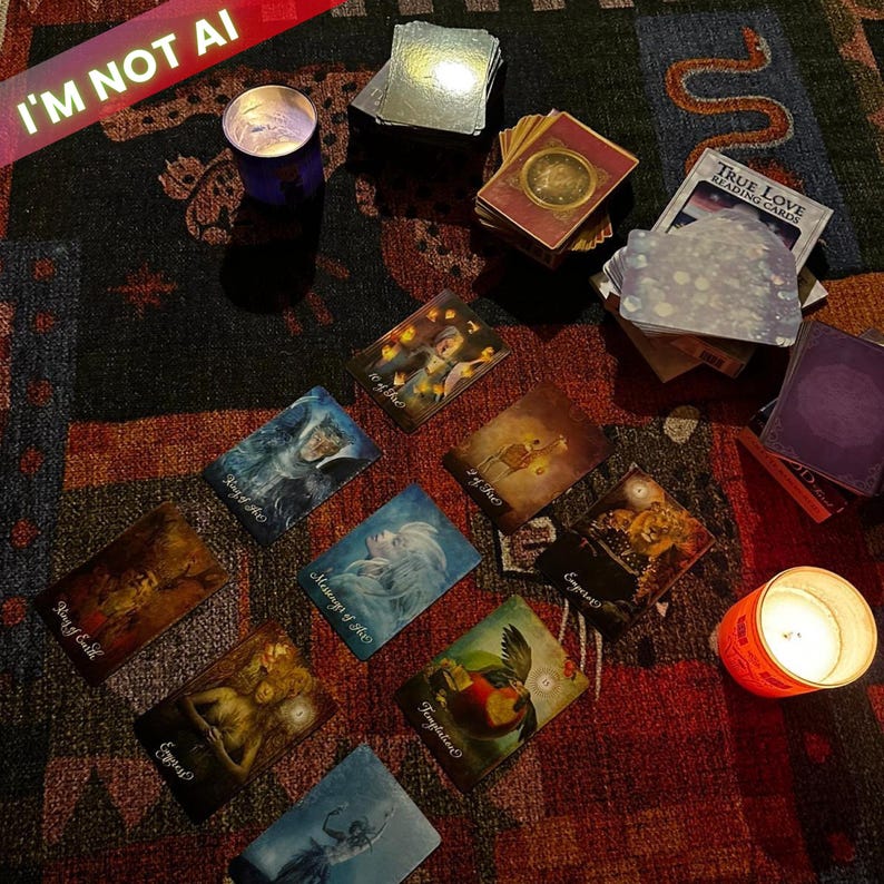 “Close up of mystical tarot cards spread on a table for an urgent spiritual guidance and deep relationship analysis.”