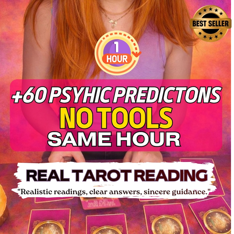 "A professional digital PDF report titled '60 Detailed Insights' displayed on a tablet and smartphone. The background features mystical elements like tarot cards, a glowing candle, and a crystal ball, emphasizing a fast, urgent psychic reading service."
