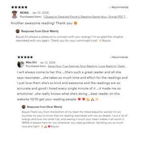 Op de afbeelding: Afbeelding van Etsy-klantrecensies. De recensies zijn afkomstig van Mona en Miss Girl, die beiden readings hebben gekocht. De recensies zijn positief, met opmerkingen over de nauwkeurigheid en vriendelijkheid van de lezer. De afbeelding bevat de tekst "Aanbevelingen".