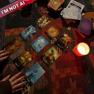 Op de afbeelding: Een verzameling tarotkaarten met diverse illustraties, waaronder figuren en symbolen, is gerangschikt op een patroon oppervlak. Een brandende kaars en een pakje "True Love Reading Cards" zijn ook aanwezig. De afbeelding heeft een mystiek en spiritueel thema.